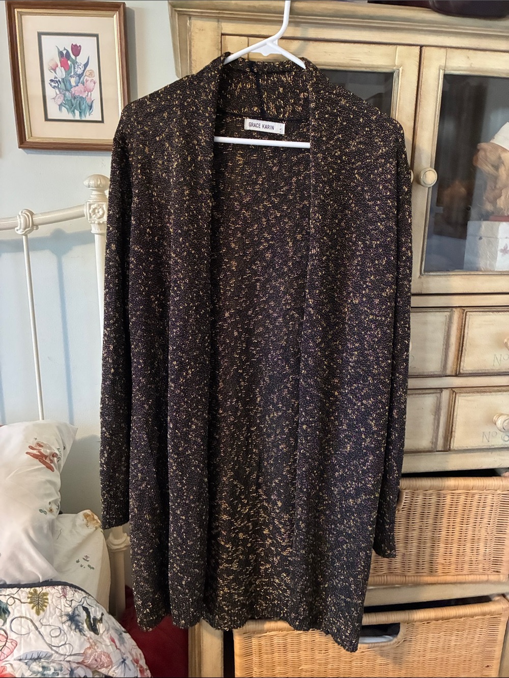 Grace Karin Black and Gold Open-Front Knit Cardigan